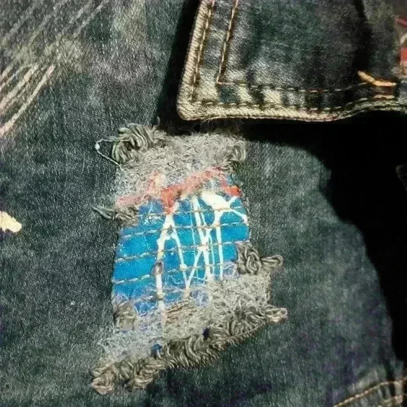 Women's Juniors XL GS 115 Acid Wash Distressed Patchwork Button Down Jean Jacket - Picture 2 of 16